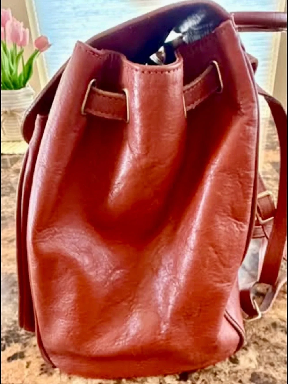 Structured Brick Red Leather Top-Handle Backpack